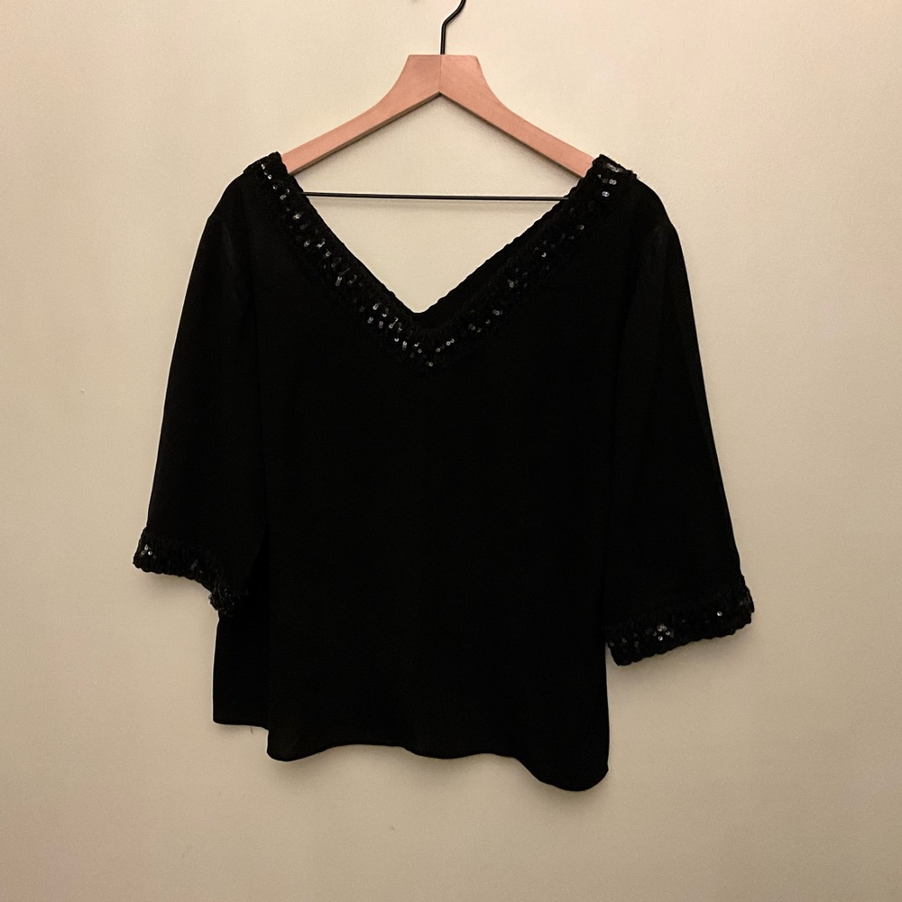 Custom made black crepe front and back V neck blouse size XL (14).